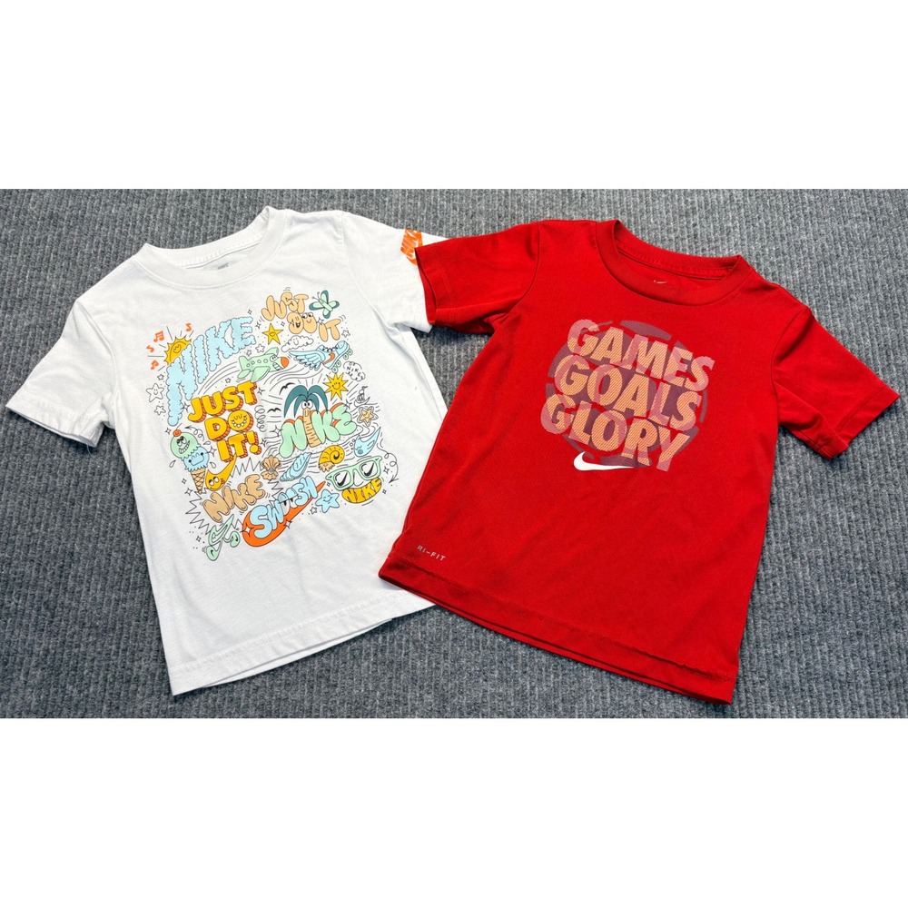 Nike Boys T-Shirt Bundle 4T Red Dri-FIT Soccer White Just Do It Graphic Tee 2pk